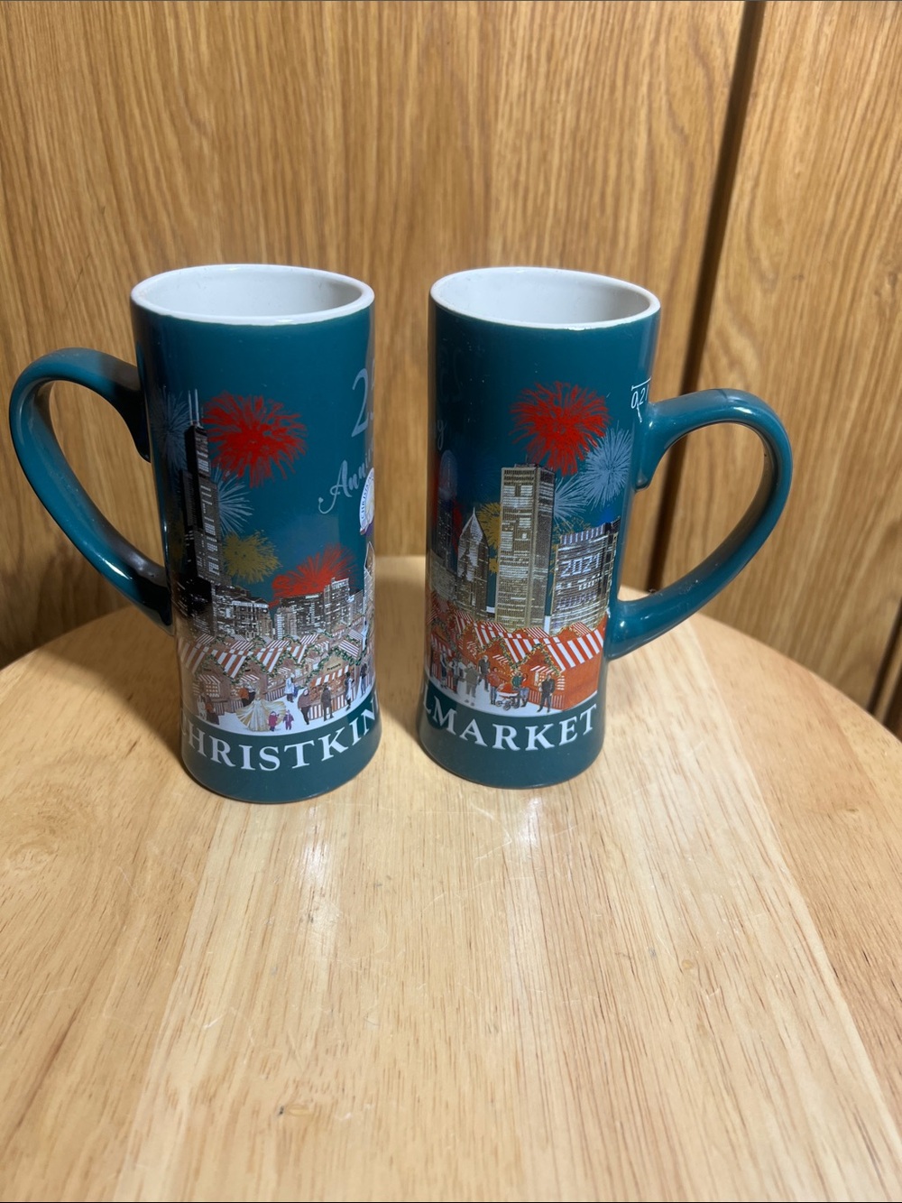 Teal Holiday Market Ceramic Mugs - Set of 2 (Teal)
